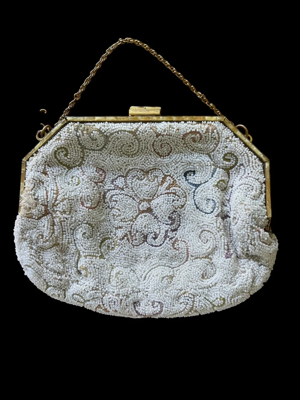 Royal Bags Vintage Micro Beaded White Floral Clutch with Gold Chain Handle 1920s